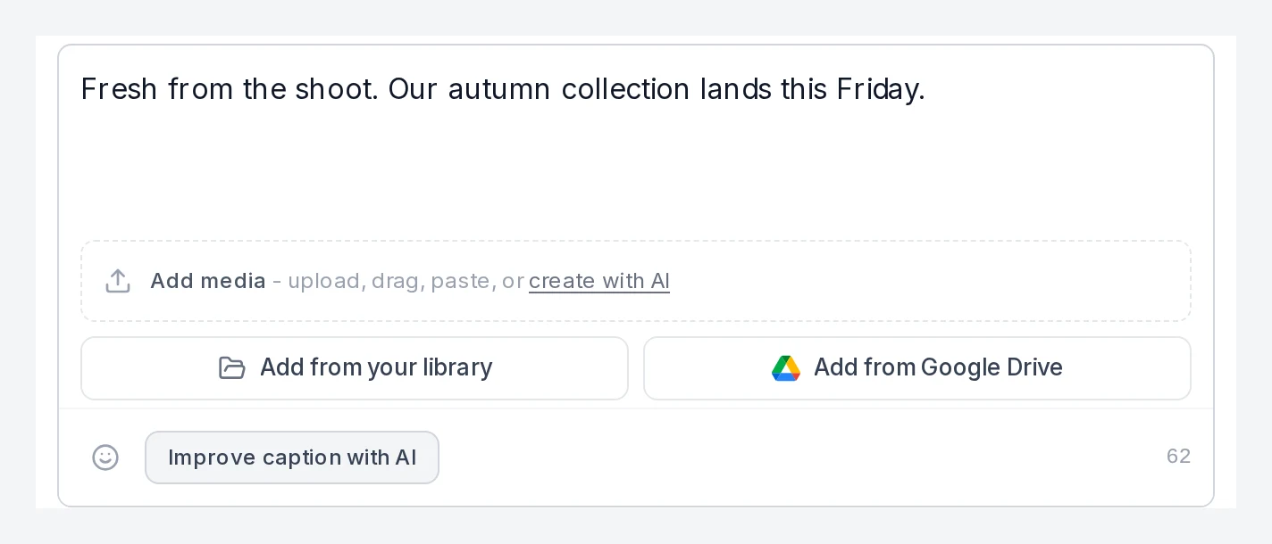PostEverywhere New Post with the Add from your library and Add from Google Drive buttons under the caption