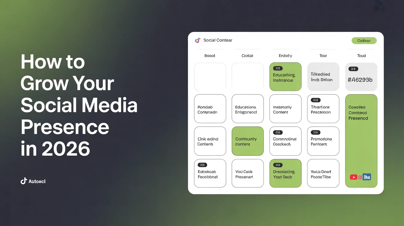 Social media content calendar showing balanced mix of educational, entertaining, inspirational, community, and promotional content scheduled across Instagram, TikTok, LinkedIn, Facebook, and YouTube to grow social media presence