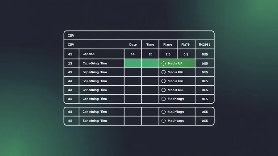 CSV column structure for bulk scheduling — caption, date, time, platform, media URL, hashtags