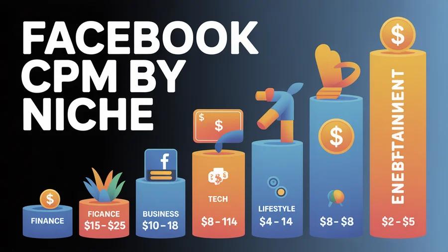 Facebook CPM by niche — Finance $15-$25, Business $10-$18, Tech $8-$14, Lifestyle $4-$8
