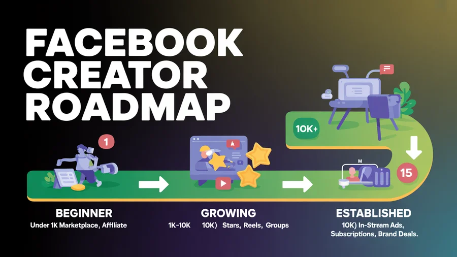 Facebook creator roadmap — Beginner to Growing to Established with methods at each stage