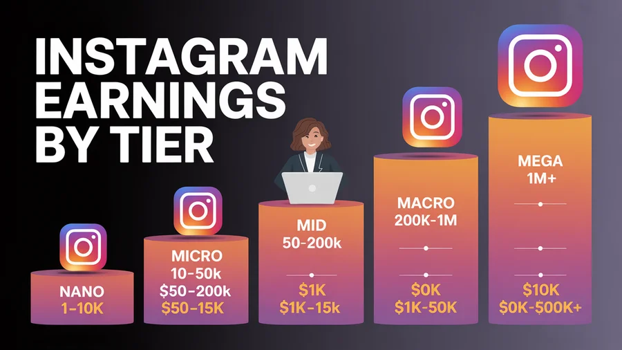 Instagram earnings by follower tier — Nano $50-$250 to Mega $10K-$50K+ per sponsored post