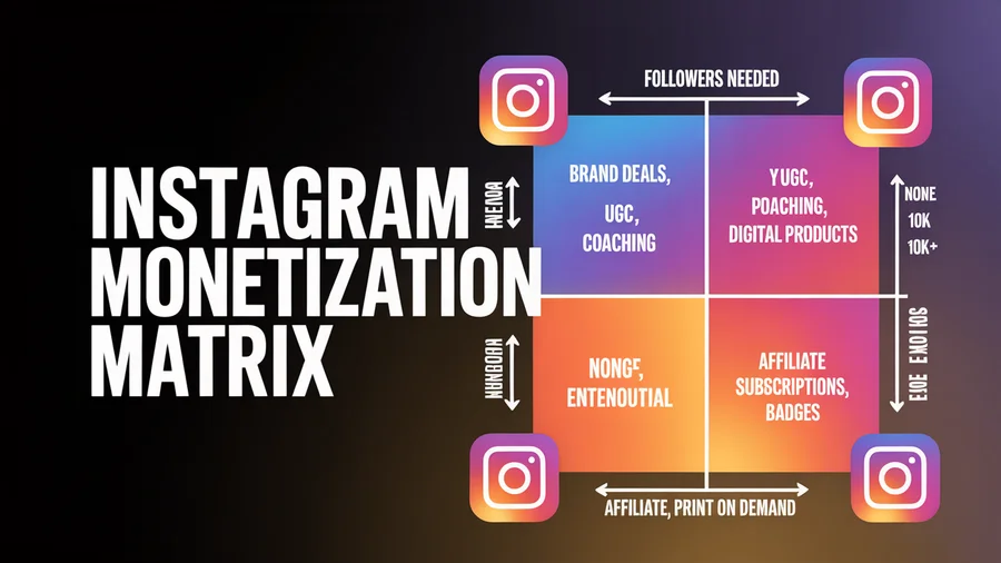Instagram monetization matrix — methods plotted by follower requirement vs earnings potential