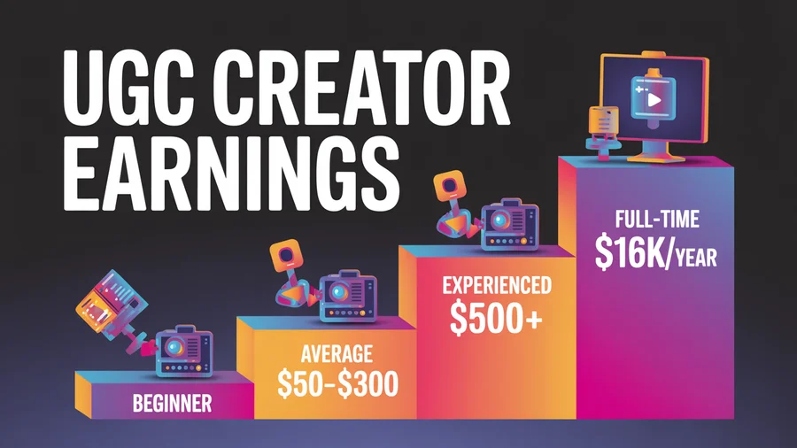 UGC creator earnings — Beginner $50-$100, Average $150-$300, Experienced $500+, Full-Time $116K/year