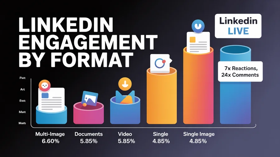 LinkedIn engagement by format — Multi-Image 6.60%, Documents 5.85%, Video 5.60%, Live 7x reactions