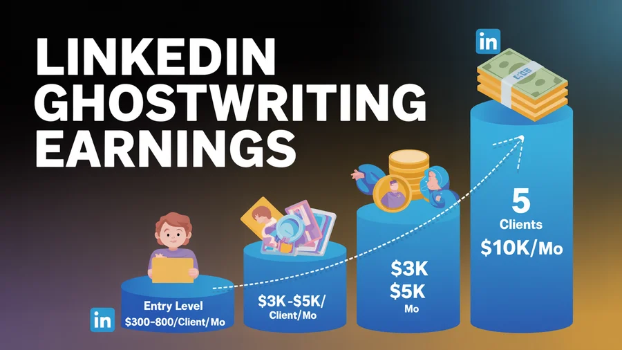 LinkedIn ghostwriting earnings — Entry $300-$800/mo, Premium $3K-$5K/mo, 5 Clients $10K+/mo
