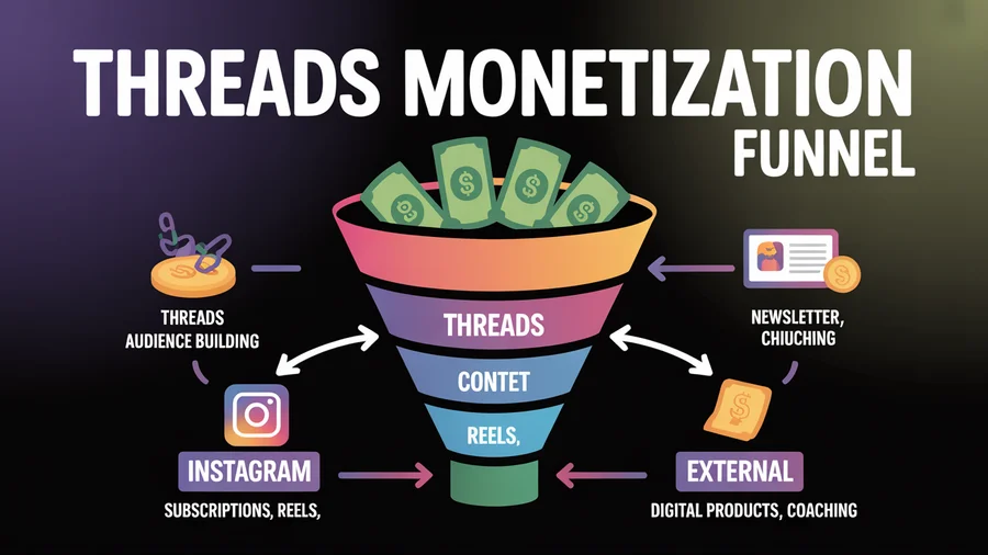 Threads monetization funnel — Threads content flows to Instagram and external revenue streams