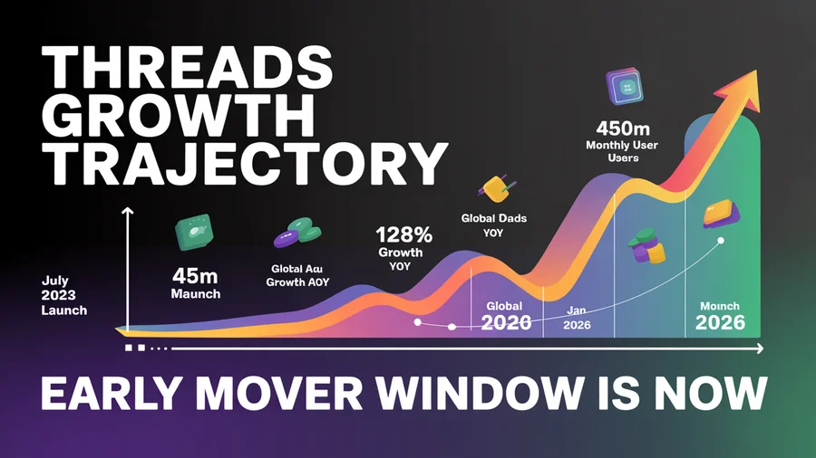 Threads growth trajectory — July 2023 launch to 450M monthly users in 2026, 128% DAU growth YoY