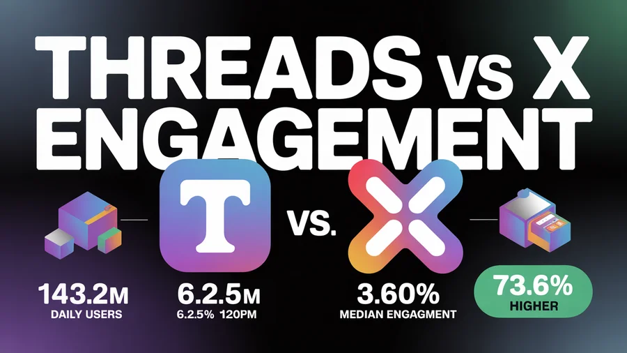 Threads vs X engagement — 143.2M vs 126.2M daily users, 6.25% vs 3.60% engagement rate