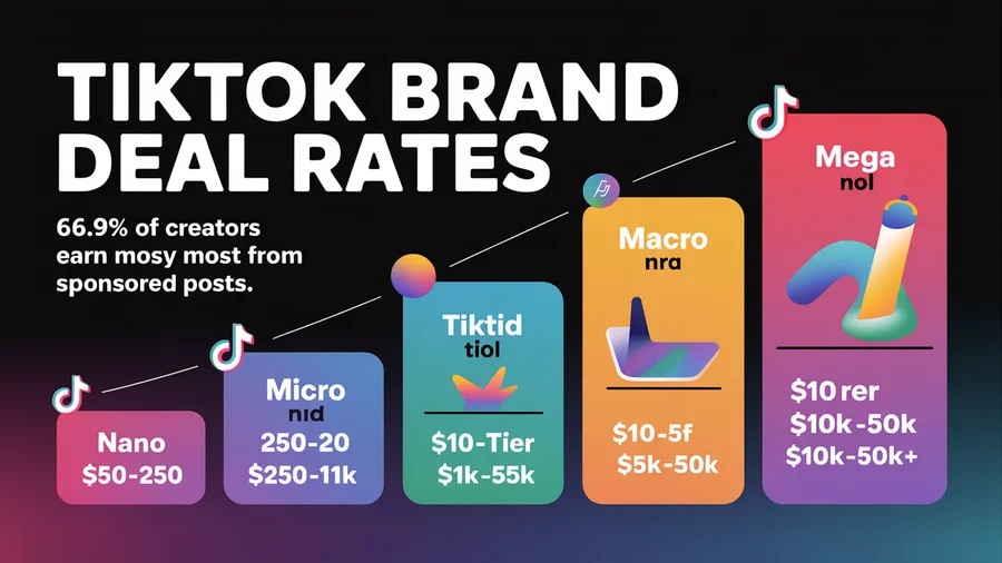 TikTok brand deal rates — Nano $50-$250, Micro $250-$1K, Mid $1K-$5K, Macro $5K-$10K, Mega $10K+