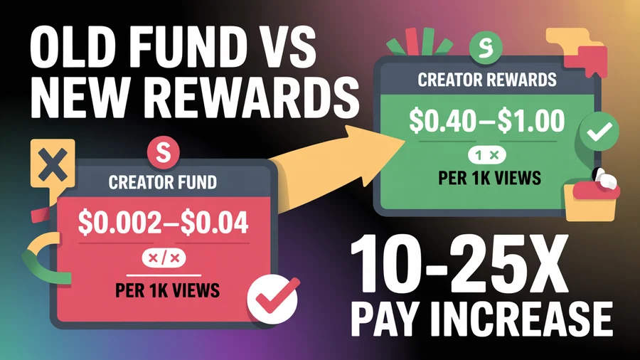 Old Creator Fund vs New Creator Rewards — $0.02-$0.04 per 1K views vs $0.40-$1.00, 10-25x increase