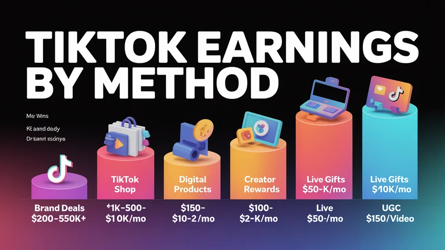 TikTok earnings by monetization method — Brand Deals highest, then Shop, Digital Products, Rewards