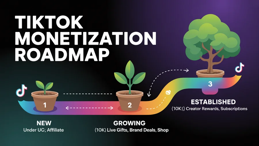 TikTok monetization roadmap — New (UGC, Affiliate) to Growing (LIVE, Deals) to Established (Rewards)