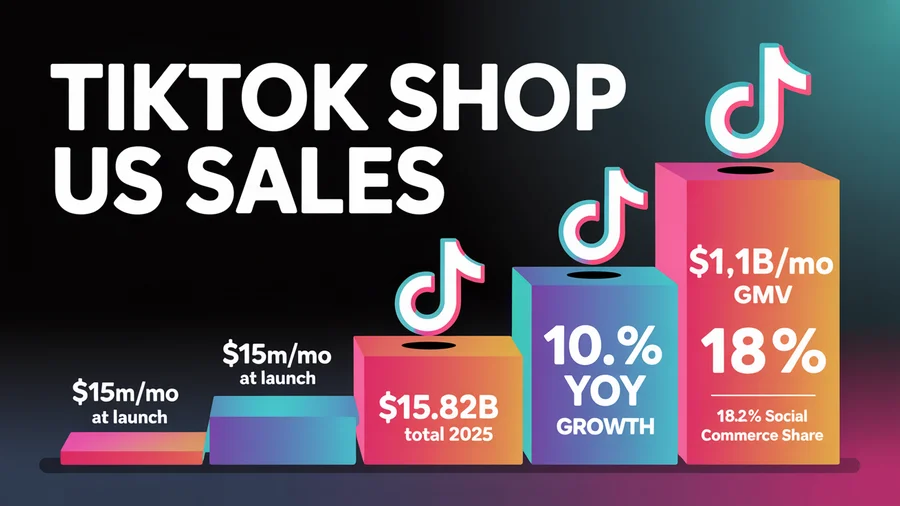 TikTok Shop US sales growth — from $15M/mo at launch to $1.1B monthly GMV, $15.82B total 2025