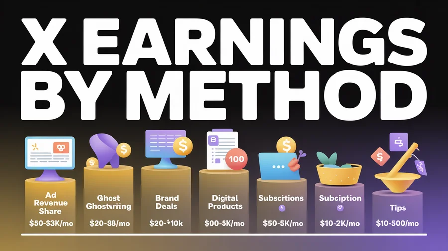 X earnings by method — Ad Revenue $500-$30K+, Ghostwriting $300-$8K, Brand Deals $200-$10K