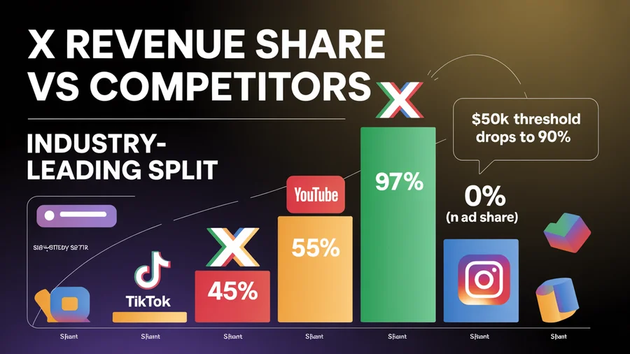 X revenue share vs competitors — X 97%, YouTube 55%, TikTok 45%, industry-leading split