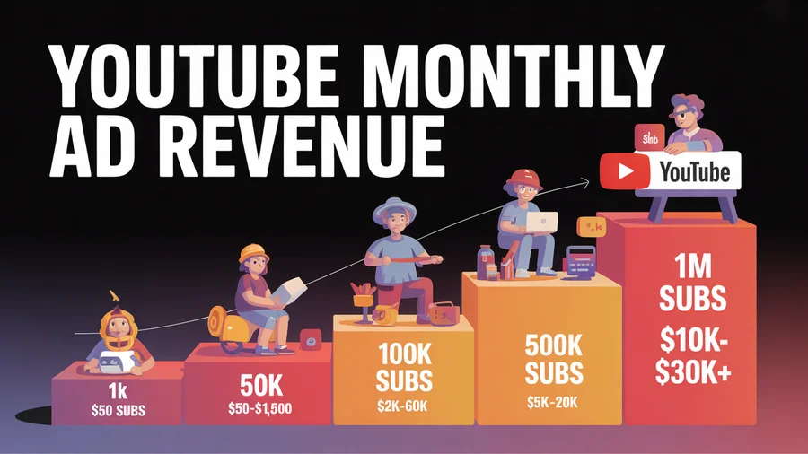 YouTube monthly ad revenue by subscriber count — 1K subs $50-$200 up to 1M subs $10K-$30K+