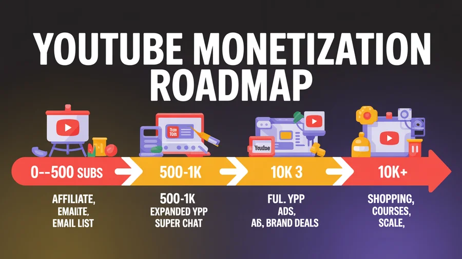 YouTube monetization roadmap — Phase 1 (0-500) to Phase 4 (10K+) with methods at each stage
