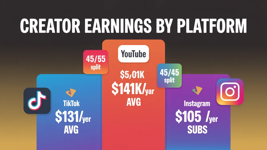 Creator earnings by platform — YouTube $141K/year, TikTok $131K/year, Instagram $105K/year