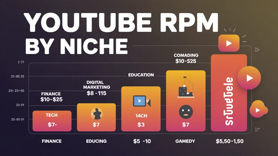 YouTube RPM by niche — Finance $10-$25, Digital Marketing $8-$15, Tech $7-$12, Gaming $1-$3