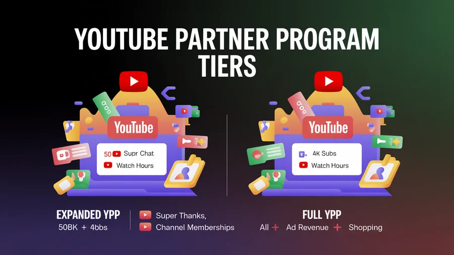 YouTube Partner Program tiers — Expanded YPP at 500 subs vs Full YPP at 1K subs with features