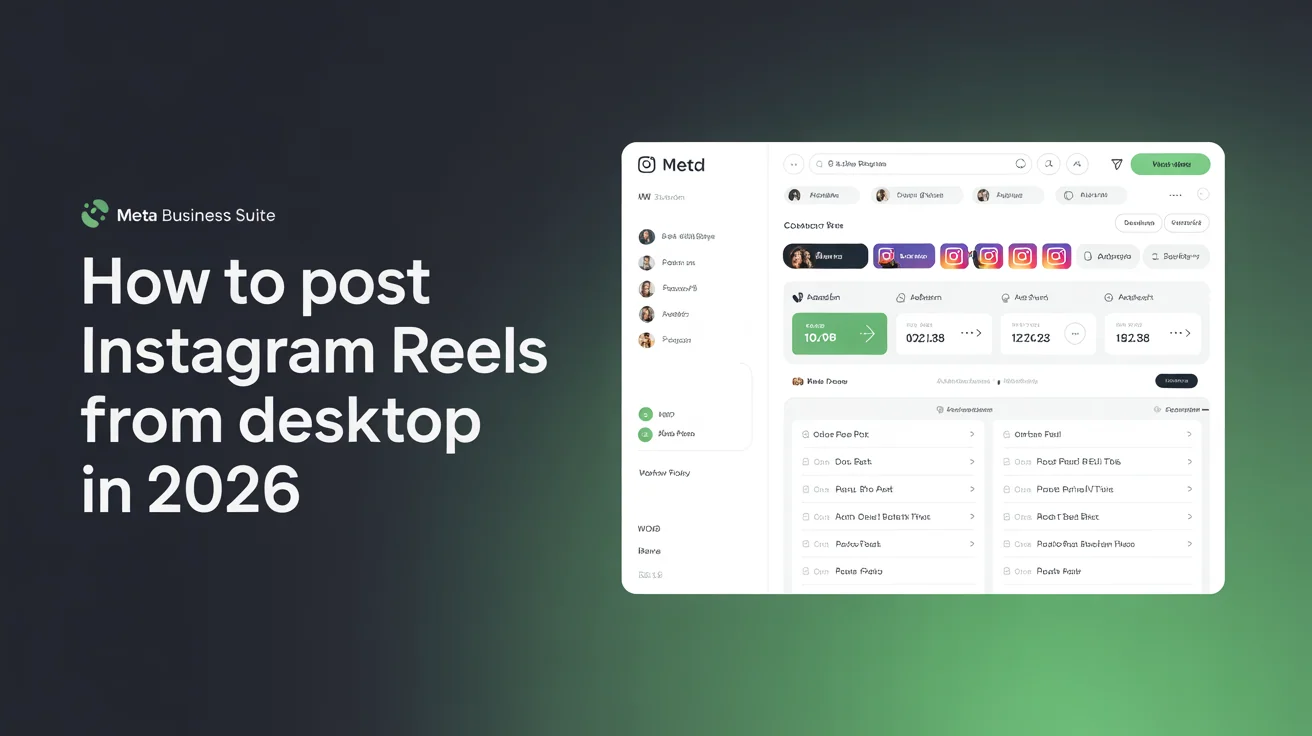 Meta Business Suite dashboard showing Reel upload interface with publish options