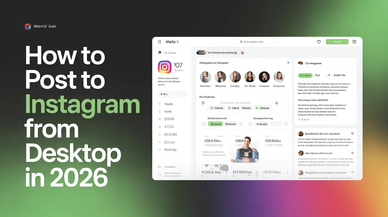 Meta Business Suite dashboard showing Instagram post composer with upload and scheduling options