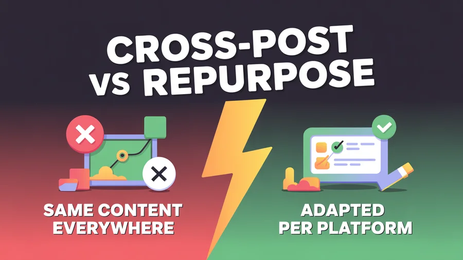 Cross-posting versus repurposing — identical content everywhere gets penalized while platform-adapted content gets rewarded