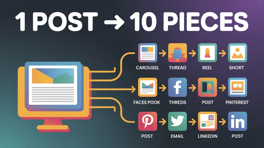 One blog post becomes 10 social media posts — carousel, thread, reel, short, quote graphic, and more across every platform