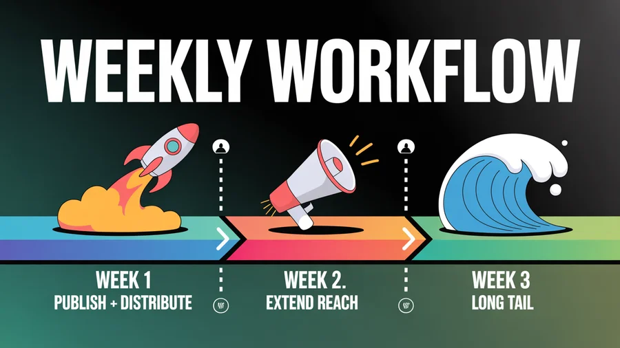 Weekly content repurposing workflow — Week 1 publish and distribute, Week 2 extend reach, Week 3 long tail