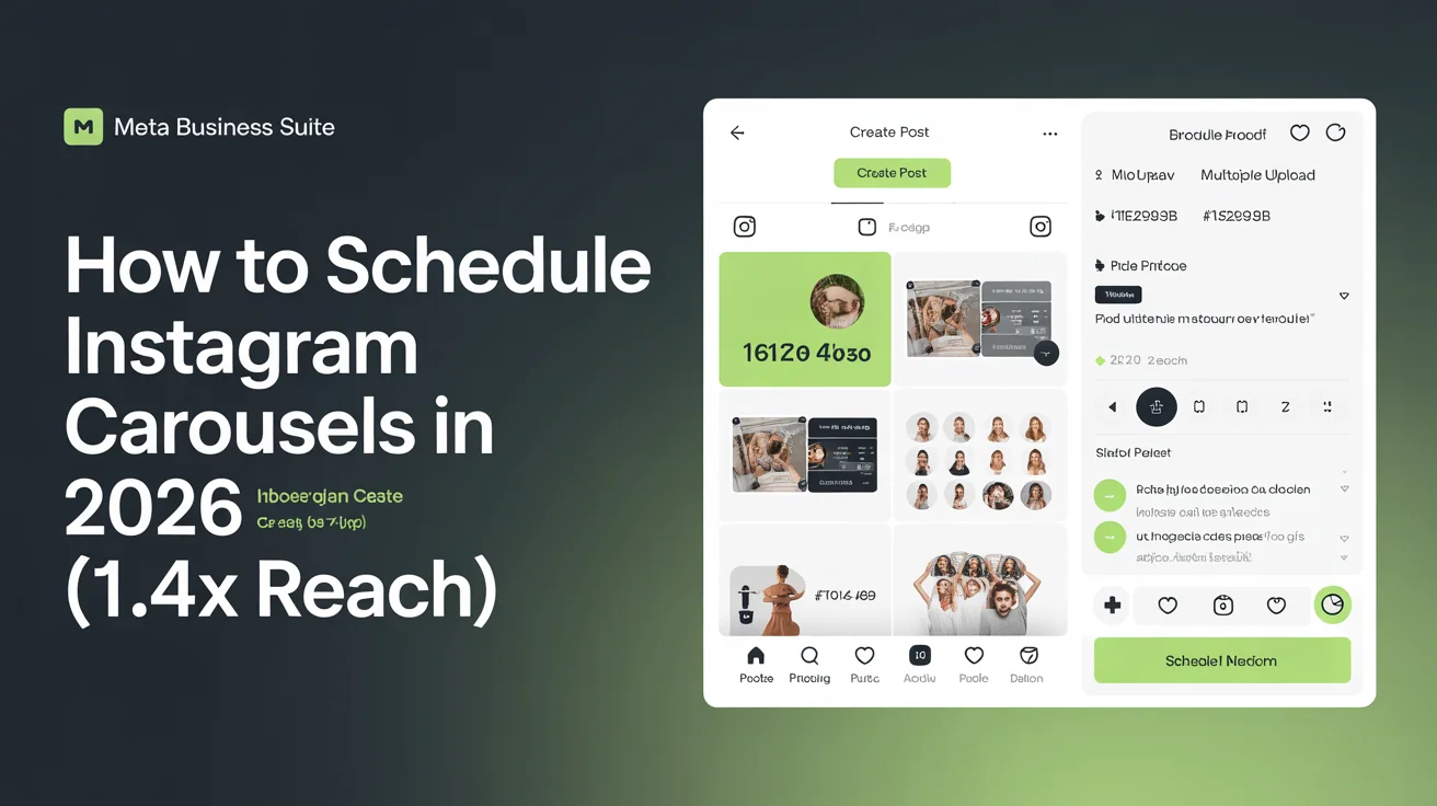 Meta Business Suite Instagram carousel scheduler interface showing create post button, multiple image upload, slide reordering, and schedule date/time picker