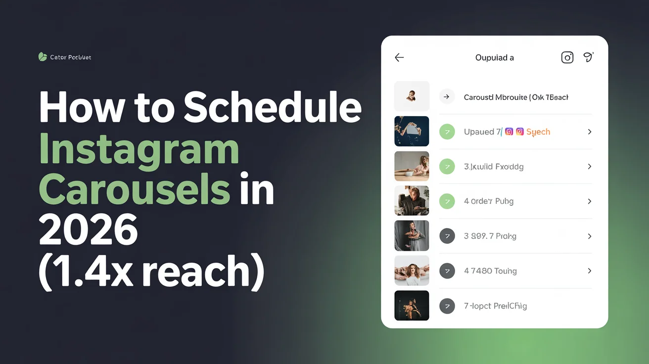 Carousel upload interface showing 7 slides queued in order with drag-and-drop reordering and thumbnail preview