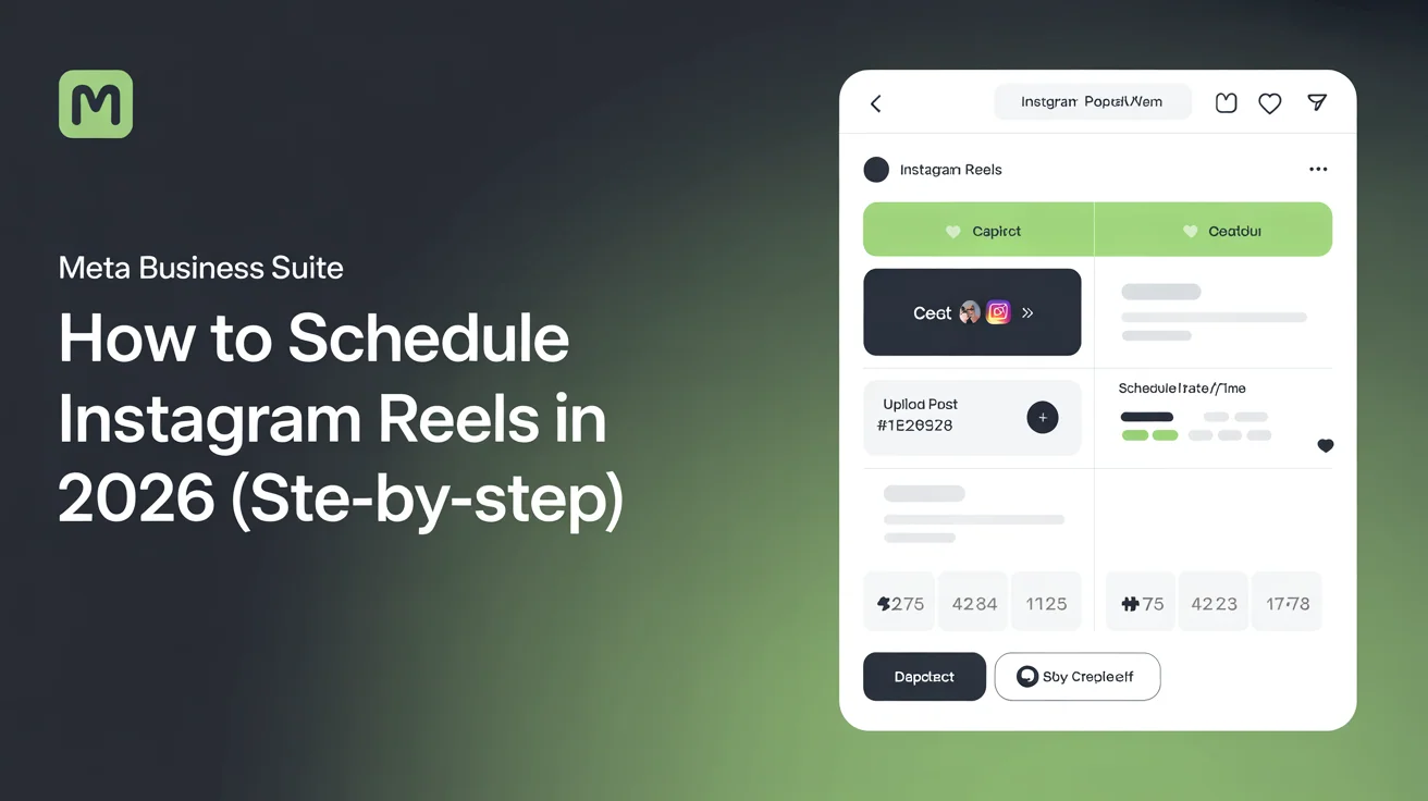 Meta Business Suite Instagram Reels scheduler interface showing create post button, upload area, caption field, and schedule date/time picker for scheduling Instagram Reels from desktop