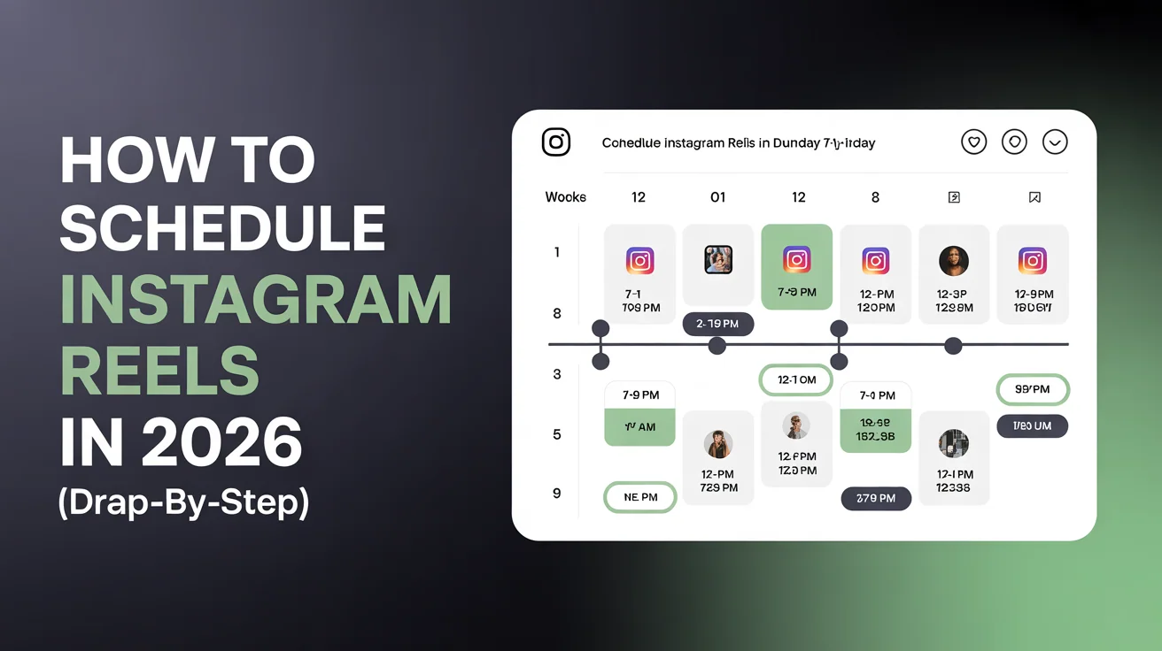 Content calendar showing 2 weeks of scheduled Instagram Reels with posting times optimized for 7-9 AM, 12-1 PM, and 7-9 PM across Monday through Sunday with visual timeline and drag-and-drop rescheduling