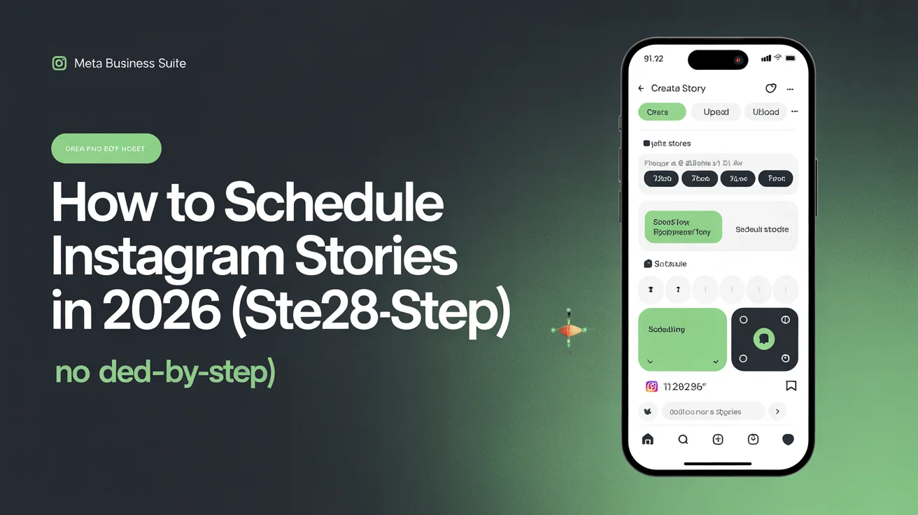 Meta Business Suite Instagram Stories scheduler interface showing create story button, upload area, text tools, and schedule date/time picker for scheduling Instagram Stories from desktop