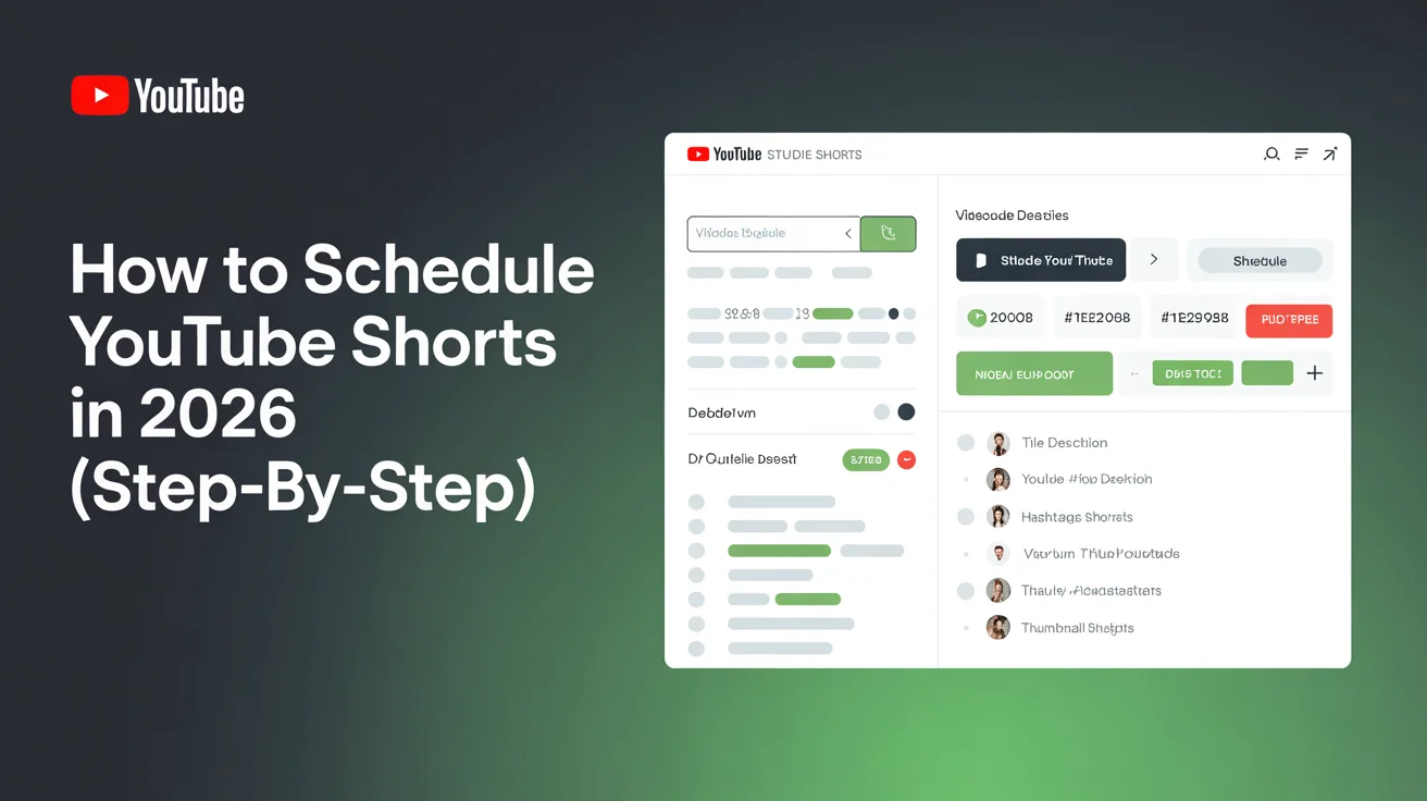 YouTube Studio upload interface showing video details form, schedule toggle, date/time picker for scheduling YouTube Shorts from desktop with title, description, hashtags and thumbnail selection fields