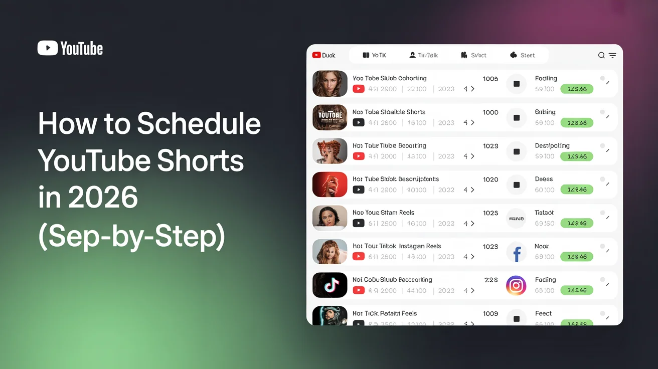 Batch upload interface showing 10 YouTube Shorts queued for scheduling with thumbnails, titles, descriptions, and posting times in a unified dashboard for YouTube, TikTok, Instagram Reels, and Facebook cross-platform posting