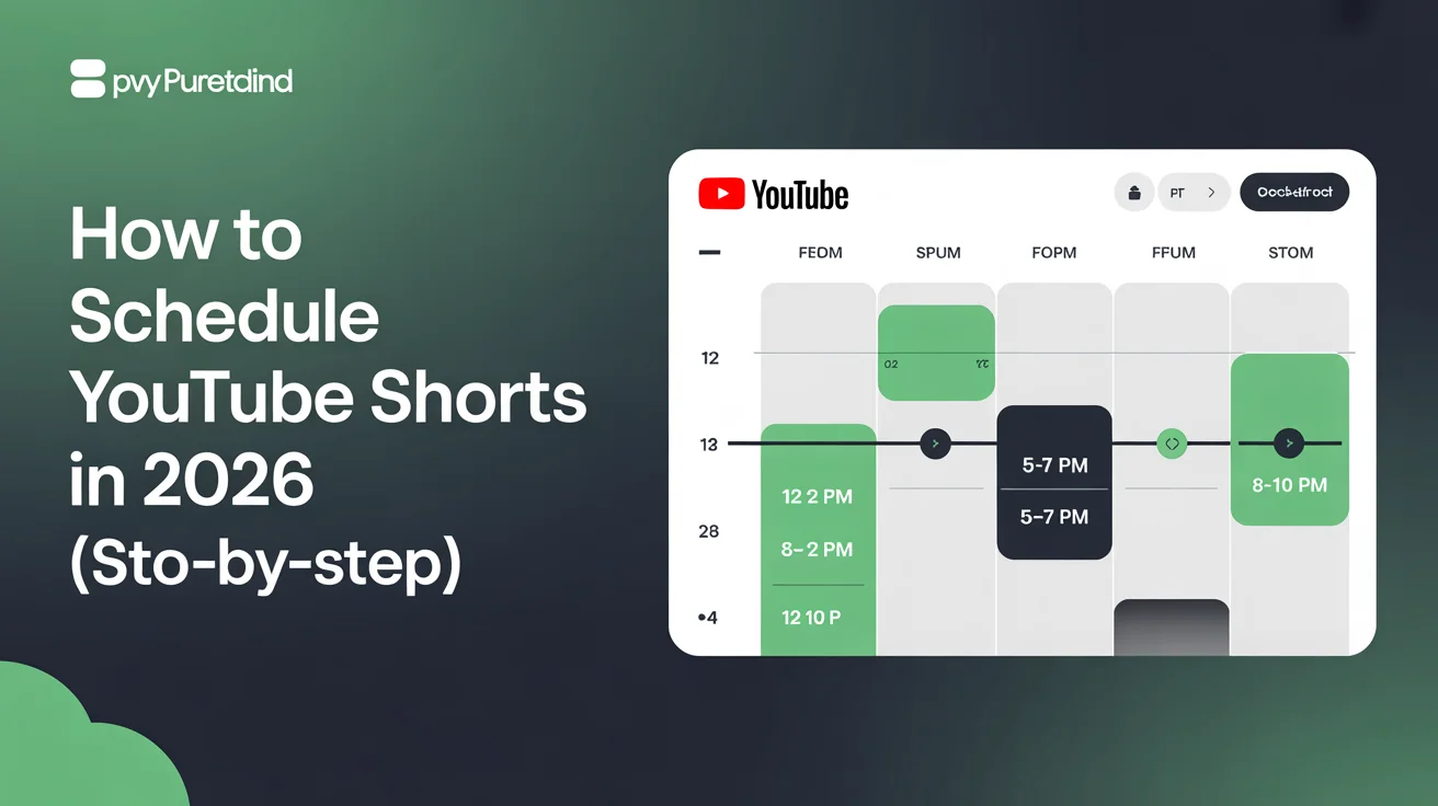 Content calendar showing 2 weeks of scheduled YouTube Shorts with posting times optimized for 12-2 PM, 5-7 PM, and 8-10 PM across Monday through Sunday with visual timeline and drag-and-drop rescheduling