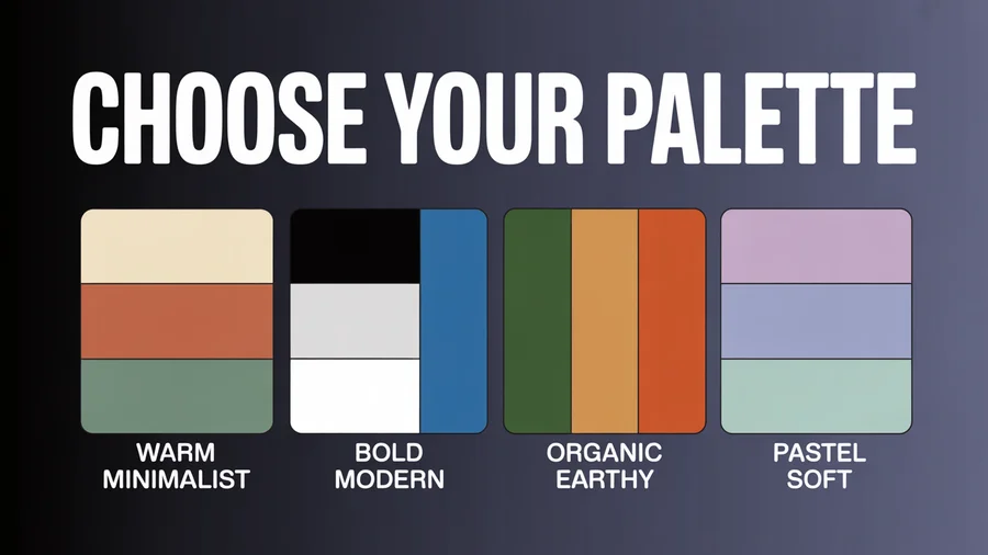 Instagram aesthetic color palette examples — warm minimalist, bold modern, organic earthy, and pastel soft