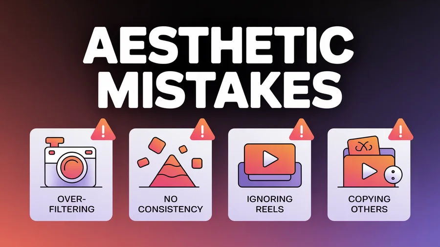 Common Instagram aesthetic mistakes — over-filtering, no consistency, ignoring Reels covers, and copying other accounts