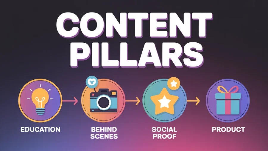 Instagram content pillars — education, behind the scenes, social proof, and product form a rotating structure for grid variety