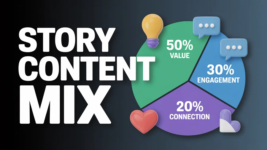 Ideal Instagram Story content mix — 50% value content, 30% engagement content, 20% connection content