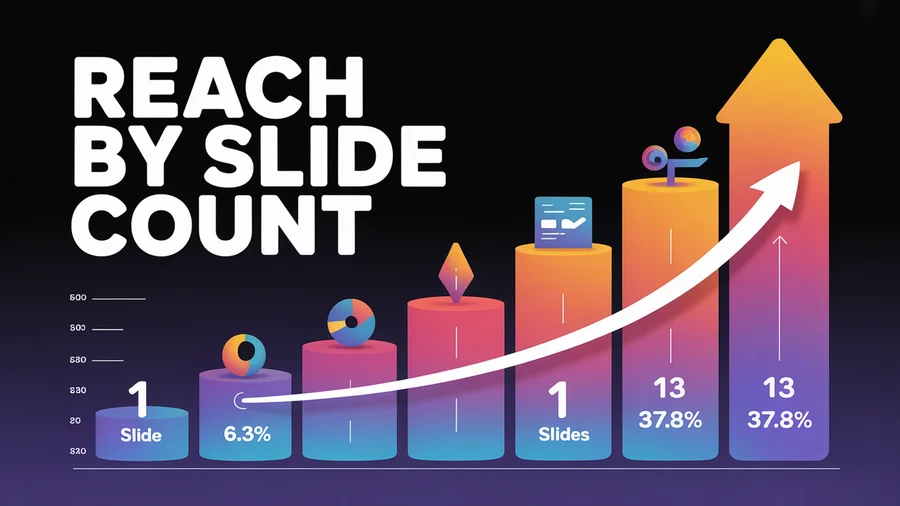 Instagram Story reach increases with slide count — from 6.3% at 1 slide to 37.8% by slide 13
