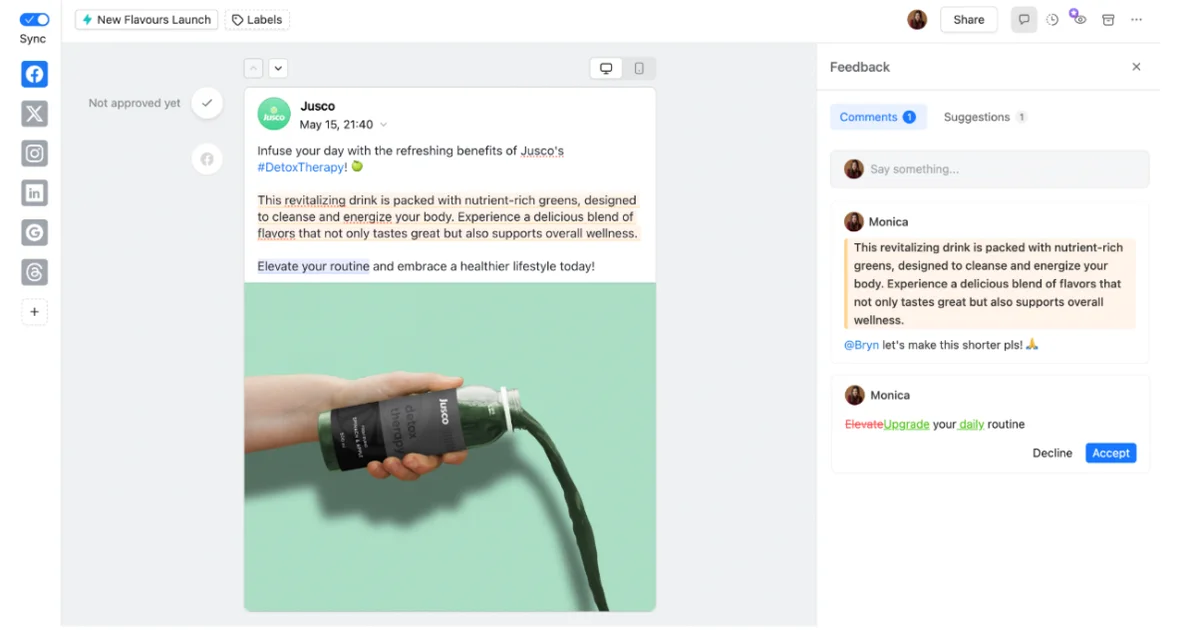 Planable content review interface with Google Docs-style commenting and approval workflow for a social media post