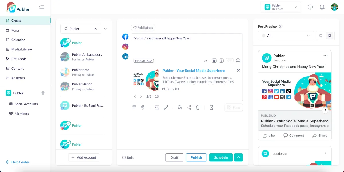 Publer dashboard showing the bulk scheduling calendar and multi-platform post composer