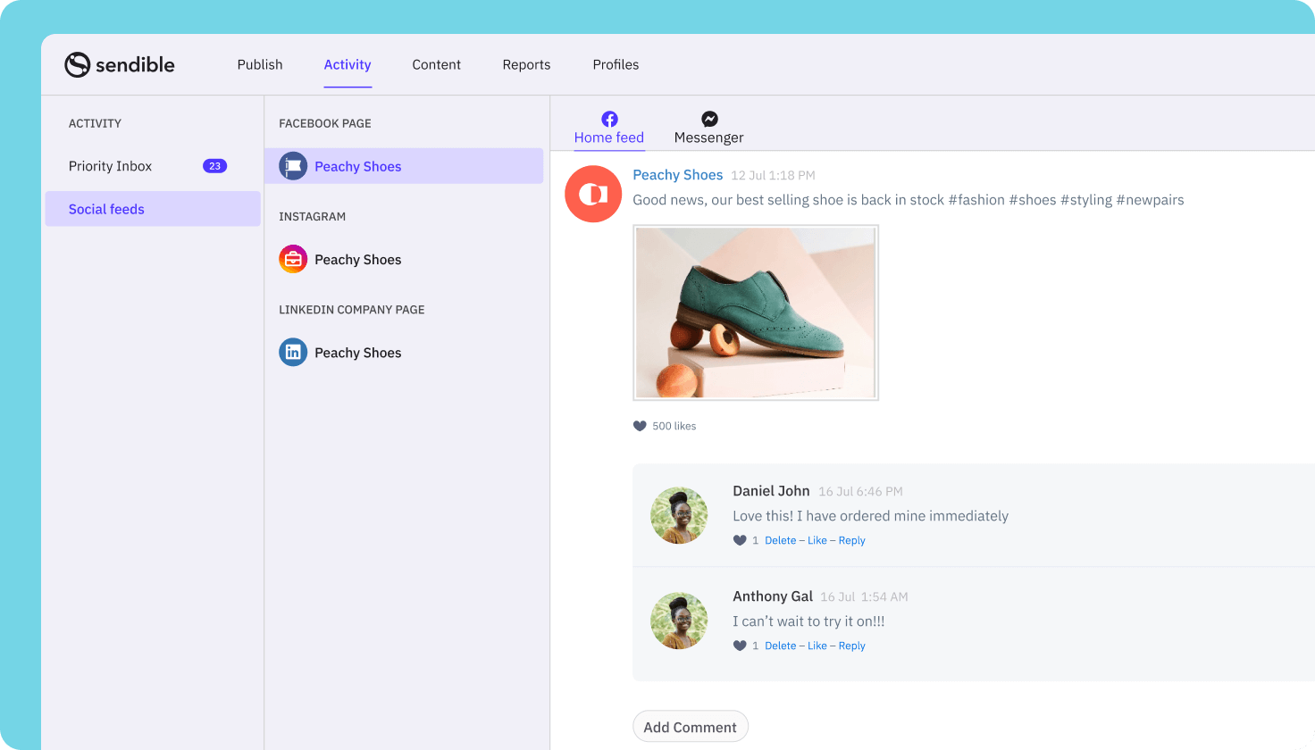 Sendible social media management platform with white-label dashboard and client reports