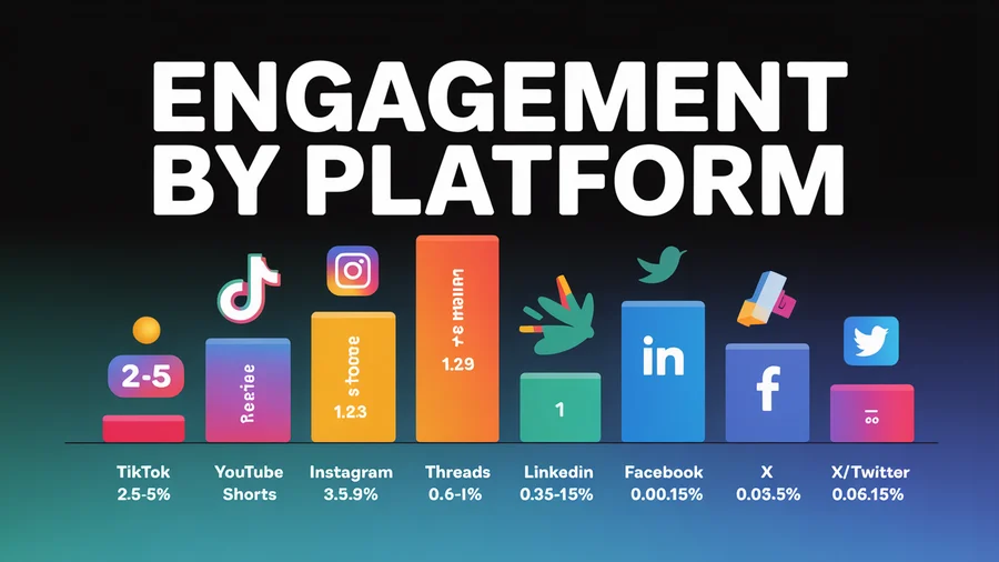 Social media engagement rates by platform — TikTok 2.5-5%, YouTube Shorts 3-5.9%, Instagram 1.23%