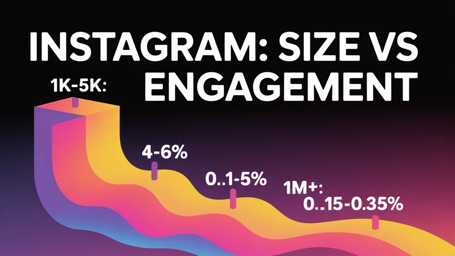 Instagram engagement rate decreases as followers increase — from 4-6% at 1K-5K followers down to 0.15-0.35% at 1M+ followers