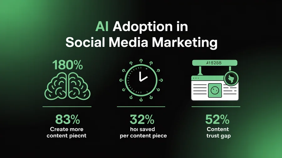 AI adoption in social media marketing — 180% usage increase, 83% create more content, 3 hours saved per piece