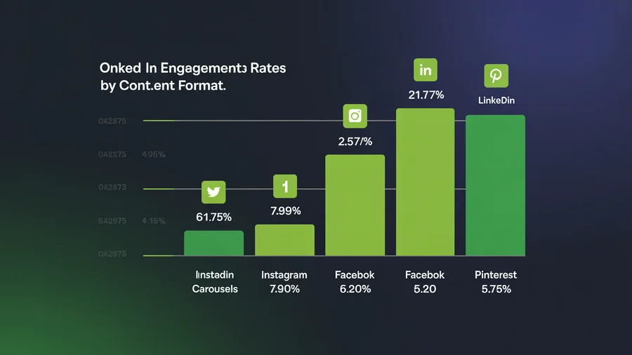 Engagement rates by content format — LinkedIn carousels 21.77%, Instagram carousels 6.90%, video outperforms static